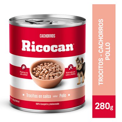 RICOCAN - Trocitos En Salsa Sabor Pollo Ricocan Para Perros Cachorros 280 g - Lata 280 g