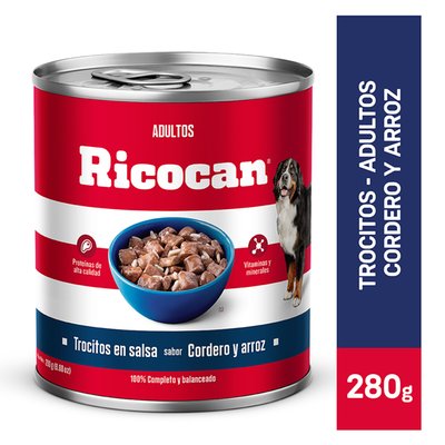 RICOCAN - Trocitos En Salsa Sabor Cordero Y Arroz Ricocan Para Perros Adultos 280 g - Lata 280 g