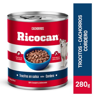 RICOCAN - Trocitos En Salsa Sabor Cordero Ricocan Cachorros 280 g - Lata 280 g