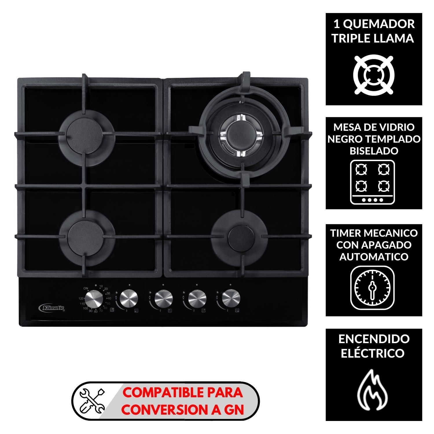 Combo: Encimera 4 hornillas GN + Campana Extractora 60 cm + Horno a gas 4  funciones GN