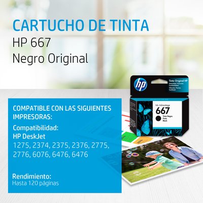 Cartucho de Tinta Hp 667 Negra Original (3Ym79Al) - CARTUCHOS - Tottus Perú