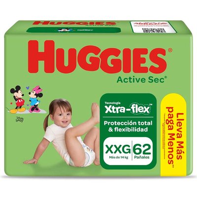 HUGGIES - Pañales Active Sec Xtra-Flex Huggies Xxg 62 Unidades
