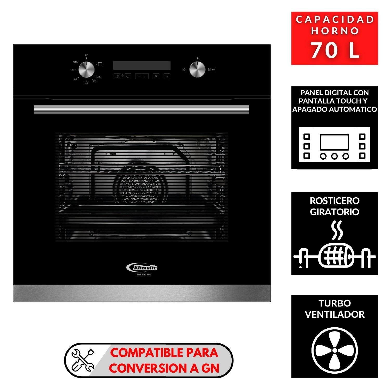 Horno empotrable a gas Bonn de 70 litros
